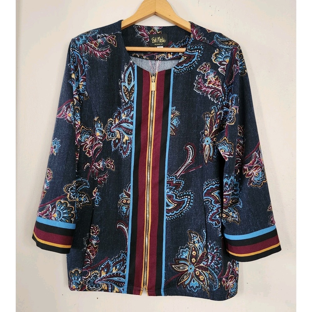 Bob Mackie Womens Size XL Zip Front Thin Knit Floral Top Sweater Cardigan Dressy
